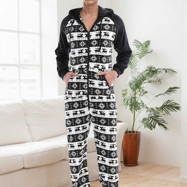 TEMU Herren Plüsch-Warmes Kapuzen-Farbblock-Rentier-Schneeflocken-Druck Bodysuit Pyjama Loungewear mit Langarm Hose