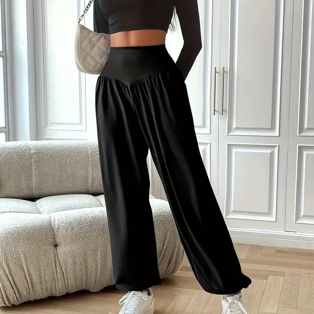 TEMU Women's High-waist Yoga Pants - Black, Loose Fit, Stretchy Polyester Fabric, Casual & Sporty Design For Outdoor Activities