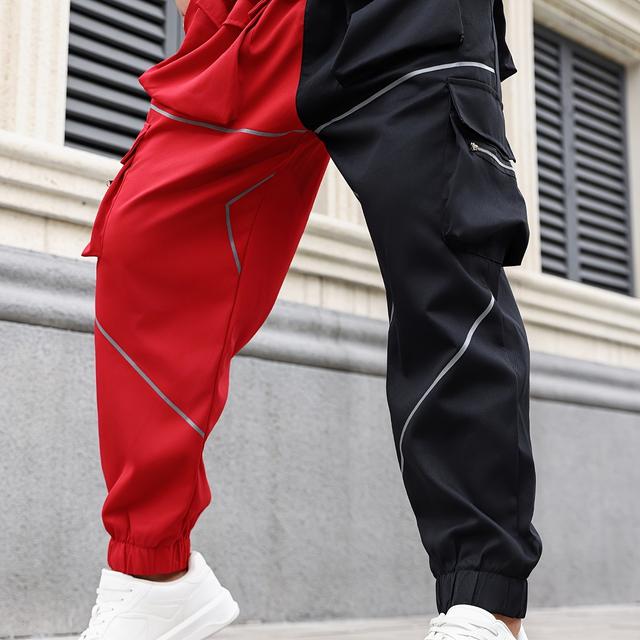 TEMU Pantalon cargo réfléchissant à cordon de serrage à la taille pour hommes de grande taille avec poches Bloc de couleur Pantalon coupe décontractée