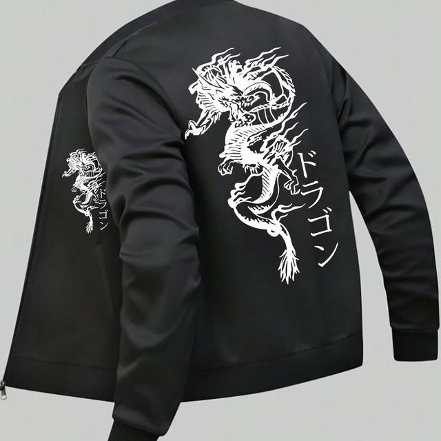 TEMU เสื้อแจ็คเก็ตผู้ชายลายมังกรสปอร์ตผ้าโพลีเอสเตอร์พริ้น พร้อมซิปเปอร์ สำหรับใส่ในฤดูใบไม้ร่วง/ฤดูหนาว สไตล์คาชว์วีคเอนด์ที่สวมใส่ได้ทุกวัน มีคอยืดเล็กน้อย ผลิตจากผ้าทอลายเรขาคณิต สำหรับผู้ชาย