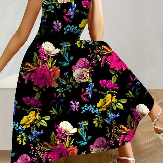 TEMU Elegant Plus Size Fit And Flare Dress - Vibrant Floral Print, Sleeveless, Round Neck, Medium Stretch Knit Fabric, Long Length, Wear, Dress|floral Print Dress|stretchy Dress