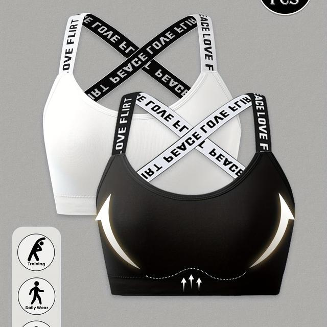 TEMU 2 ks Dámské sportovní podprsenky s písmenkovými ramínky, bezdržové bra se snímatelnou vložkou pro jógu