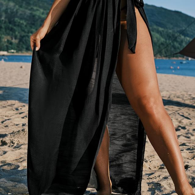 TEMU Elegancka Czarna Sukienka Maxi z Plisowanymi Detalami - Półprzezroczysta Owijana Sukienka Plażowa, Pranie w Praniu Maszynowym, Okrycie na Basen, Wakacje i Letnie Stylizacje (Bez Wkładki)