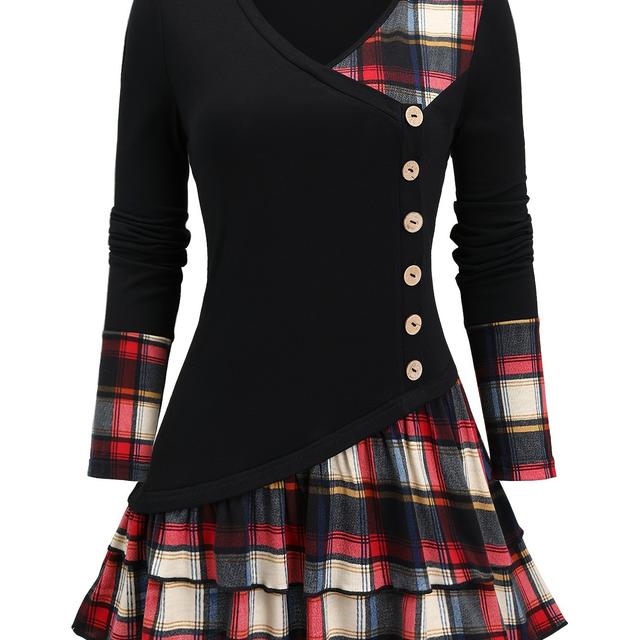 TEMU Tailored Development Of A Grid-stitched Long-sleeve V-neck Button Top, Spring/fall Casual Wear, Spring Fashion, Blouse, Buttonup Shirt, Long Sleeve Top, Women's Fashion