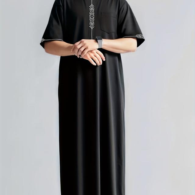 TEMU Ein kurzes, traditionelles Gewand aus dem Mittleren , ein langer, schwarzer Umhang mit runder Ausschnitt für Männer, elegantes islamisches Kleid für muslimische Festivals wie Ramadan und Eid .