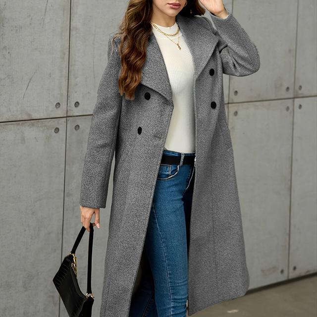 TEMU Eleganter Doppelreihiger Mantel für Damen - Uni-Farbe, , Nicht-Dehnbares Polyester - Für Herbst/Winter