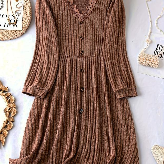 TEMU Plus Size - Plus Size - Damenmode in großen Größen - Lässiges, einfarbiges Langarmkleid mit V-Ausschnitt, Knopfdetails und leichtem Stretch