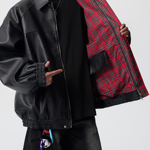 TEMU 남성용 체크 & 라펠 디자인 숏 봄버 재킷 - 캐주얼 루즈핏 플라이트 코트, 라펠 칼라 & 가슴 포켓, 봄/가을 아우터웨어 (무봉제) - 핸드워시 가능, 도시 출퇴근 및 레이어링용 (블랙/레드 타탄)