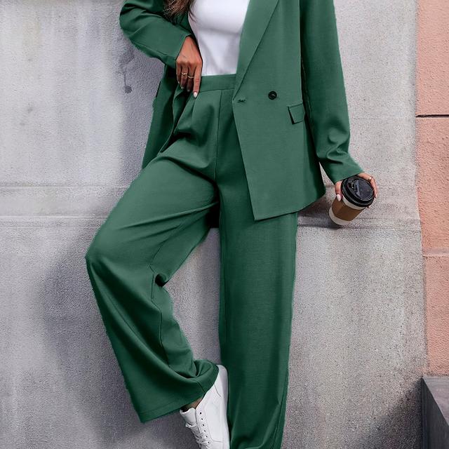 TEMU Spring And Autumn Women's Casual Elegant Solid Color Non-printed Lapel Long Sleeve Regular Fit Blouse Jacket And Pants Set, 2pcs Outfit For Office Commute, Going Out, Party,