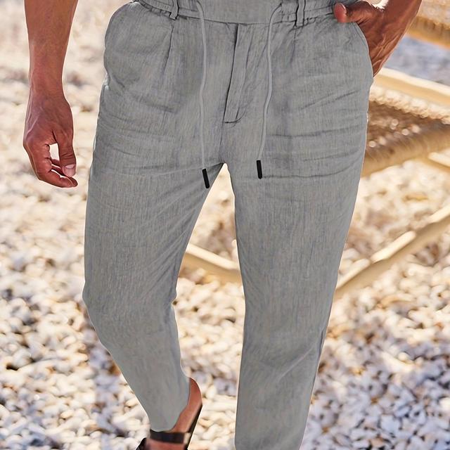 TEMU -border European And American New Style Linen Loose Fit Men's Oversized Solid Color Casual Drawstring Pants