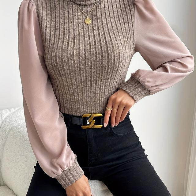 TEMU Damen Einfarbiges Shirt mit hohem Kragen und Puffärmeln, elegant
