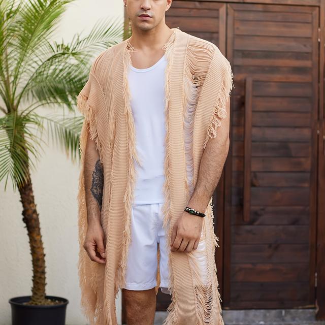 TEMU Modisches Design: Zerrissener, kurzärmliger, langer Umhang mit offener Knopfleiste für Herren mit Quasten und Rohbesatz, stilvolle und trendige Oberteile für die Freizeit am Strand und im Urlaub