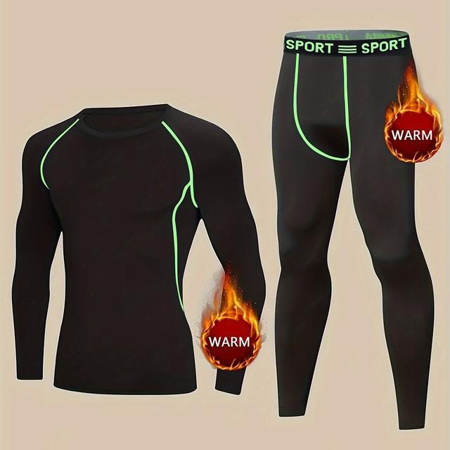 TEMU Men's Thermal Underwear Set With Fleece Lining - High-elasticity Long Sleeve Top & Leggings For Skiing, Hunting, And Winter Fitness - With Green Accents, Winter Sports Gear||stretchy Fabric