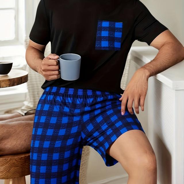 TEMU Plus Size Men's Set With Short Sleeves And Shorts, Lightweight And Breathable For Summer, Worn Outside, Checkered Pattern, Loose Fit For Big And Tall Men, Comfortable