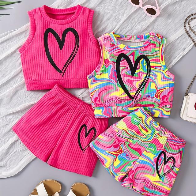 TEMU New Summer Set For Girls Featuring A Sweet Heart Print Tank Top And Shorts, In A Pack Of Four, For Outdoor