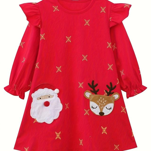 TEMU Mädchenkleid für Herbst und Winter, mit zufälligen Cartoon-Tierdrucken, perfekt für Weihnachten, aus, geeignet für Kinder im Alter von 2-7 Jahren.