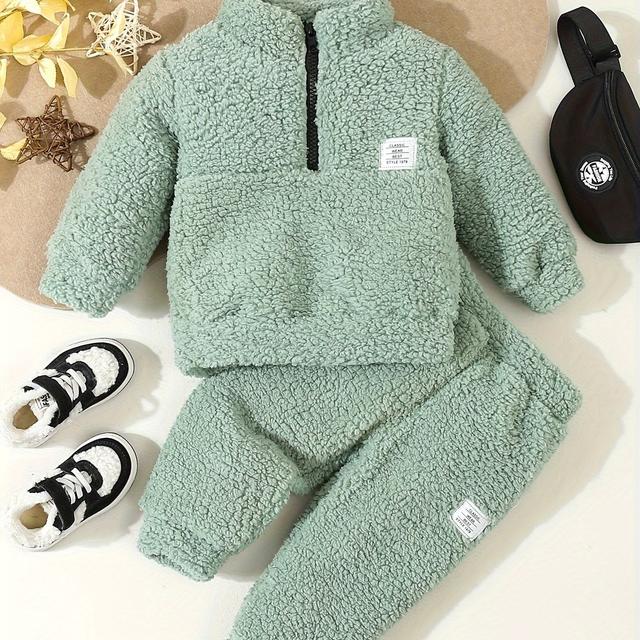 TEMU 2pcs Set For Baby Boys Featuring A Half- With A Small Stand Collar And Elastic Cuff Pants, Made Of Double-sided Fleece For In Autumn And Winter, For Outdoor