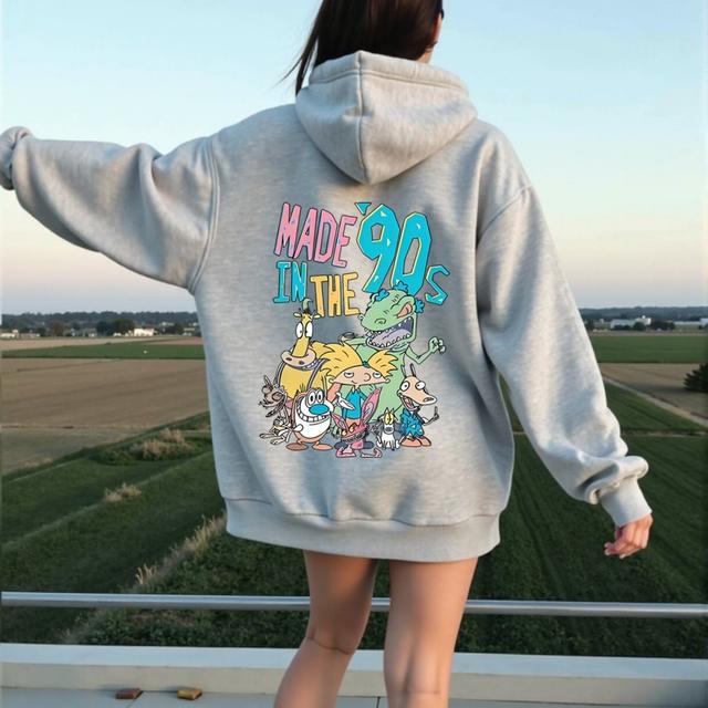 TEMU Women's 90s Nostalgia Cartoon Print Hoodie - 90s Tv Show Characters (, & Butt-) Pullover Sweatshirt, Grey Casual Long Sleeve Hooded Sweater For Wear, Machine Washable Retro 90s Outfit