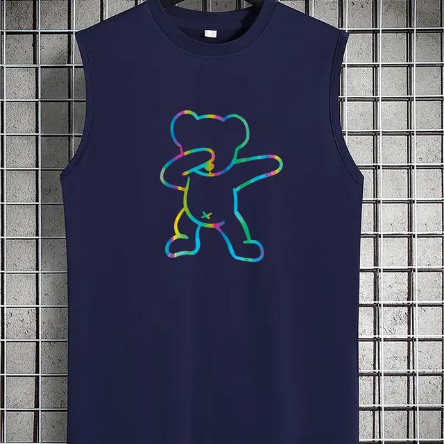 TEMU เสื้อกล้ามแฟชั่นฤดูร้อนสำหรับผู้ชาย - คอกลมสบายๆ, ผ้ายืดหยุ่นพร้อมลายหมีเท่, เหมาะสำหรับกิจกรรมกลางแจ้ง