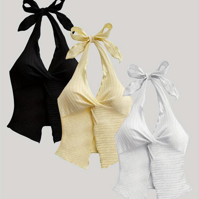 TEMU 3 piezas de tops de mujer elegantes con cuello halter - Color sólido, diseño sin espalda, fruncido, para /verano/otoño, accesorio de moda | fruncido | Diseño sin espalda