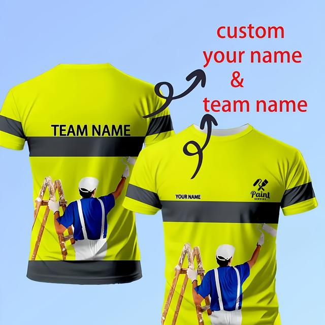 TEMU Custom Men's 3d Printed Painter-themed T-shirt - Breathable Round Neck Summer Work Shirt, Customizable With Names And Text, Suitable For Indoor Work And Corporate Event Team Uniforms