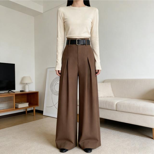 TEMU กางเกงสูทขายาวทรงตรงสำหรับสาวอวบ | เอวสูง, ขากว้าง, ทรงหลวมและเข้ารูป, สวมใส่สบาย, สไตล์ทำงานทันสมัย, เหมาะสำหรับฤดูใบไม้ผลิ/ใบไม้ร่วง