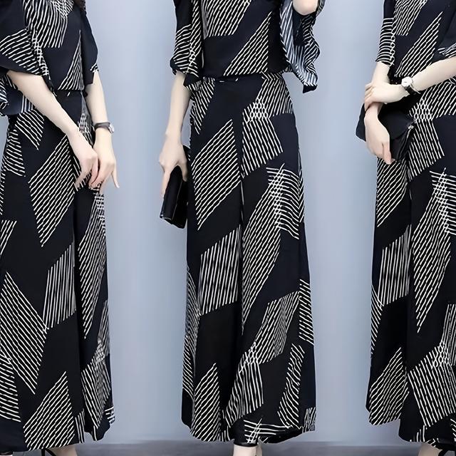 TEMU ファッションカジュアルレディース2025新しい夏韓国版スリムオフショルダーワイドパンツ2ピースセット、フリル袖デザイントファッション、ゆったりワイドパンツシンプル