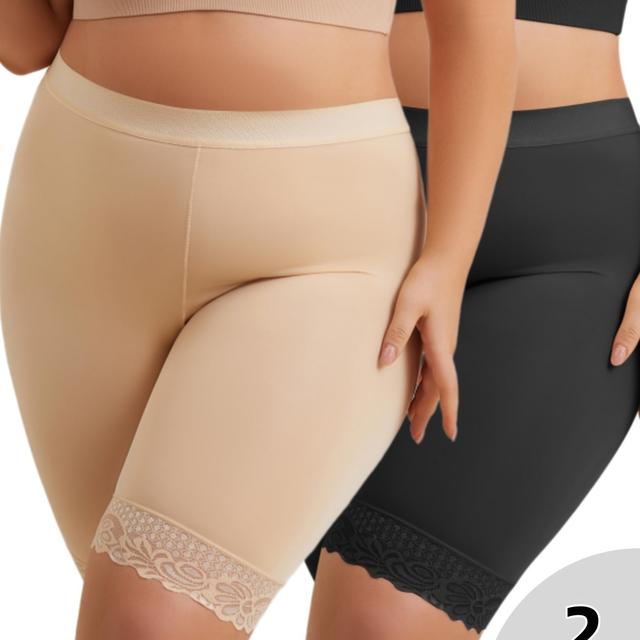 TEMU 2-pack High Waist Lace Trim Panties For Women, Breathable Knit Fabric, Solid Color, Polyester, Medium Stretch, Tummy Control & Thigh Friction Prevention Underwear