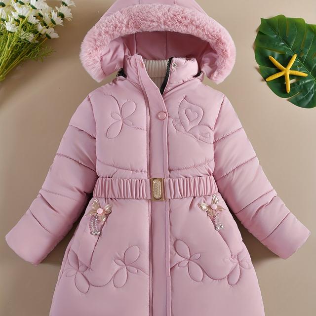 TEMU Winter Coat With Detachable Hood And Belt, Polyester Geometric Pattern Non-stretch Fabric, Hooded Collar, Polyester Fiber Filled - Tirsiuxa