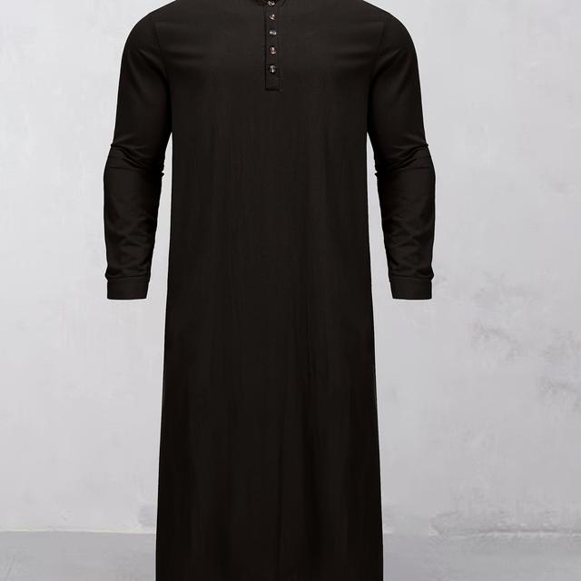 TEMU Asian Men's Loose-fit Solid Color Collar Button Long Sleeve Thobe With Pockets Extended Arabic Robe Middle Eastern Kaftan