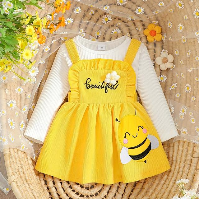TEMU Girls' Solid Color T-shirt And Letter Print Dress Set For Spring/autumn, Perfect For Outdoor