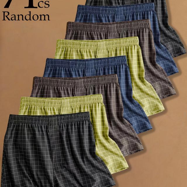 TEMU 7 Pairs Of Men's Boxer Briefs In Random Styles, , Grid And Solid Color Boxer Briefs, Loose And Comfortable, Men's Boxer Shorts, Summer