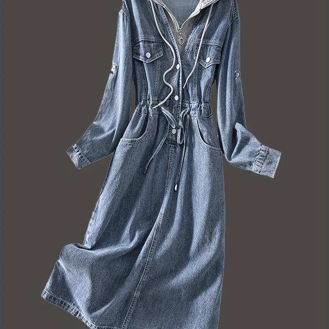 TEMU フード 付き デニムワンピース レディース 重ね着 切り替え デニム シャツ ジャケット コート 春 秋 着痩せ 普段着 ゆったり ピース