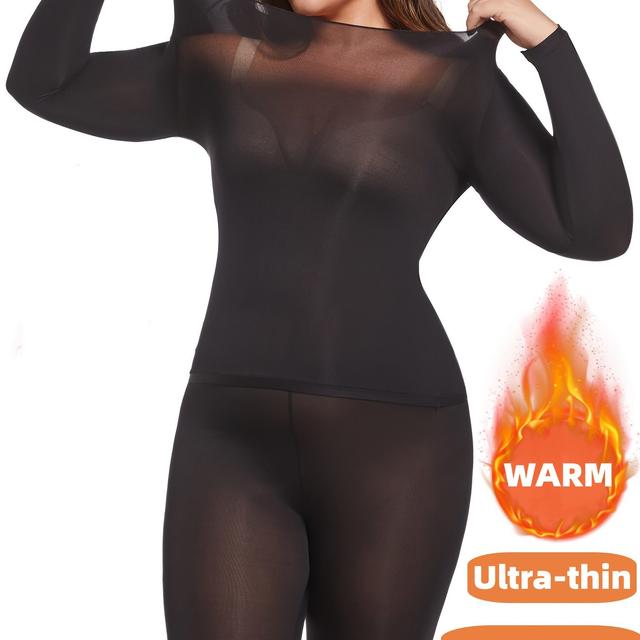 TEMU Plus-size High-elasticity Ultra-thin Masking Base Layer Foundation Set, Autumn And Winter Thermal Underwear Set With Long Sleeves And Pants For Women