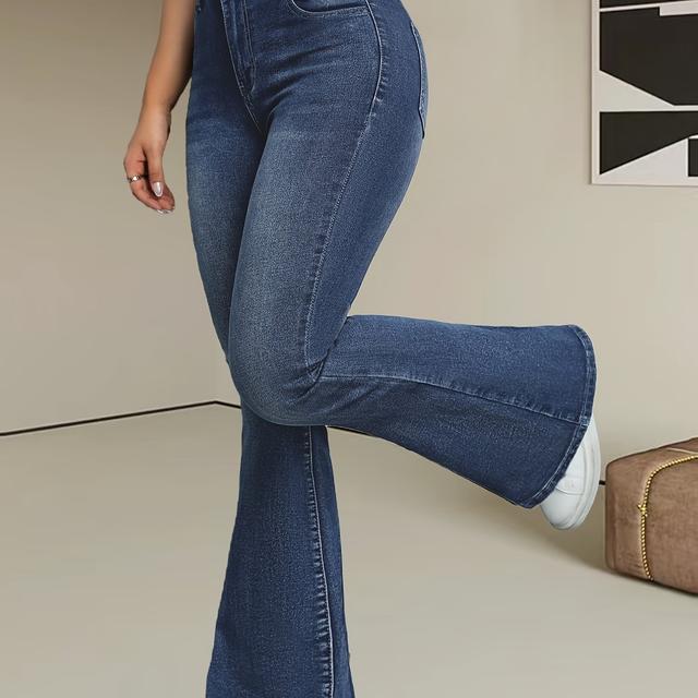 TEMU Flare Leg Washed Blue Zipper Button Closure Denim Pants, Women's Denim Jeans & Clothing