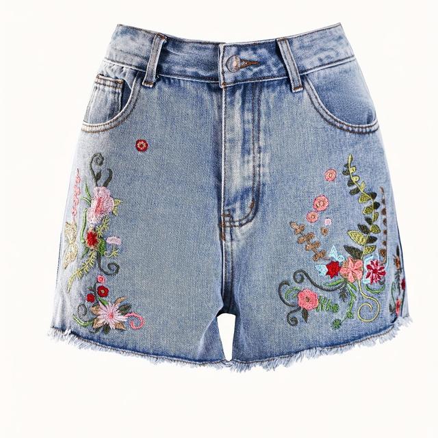 TEMU Women's Embroidered Denim Shorts, 90% 6% Polyester 4% Viscose, Summer Basics, Non-stretch Woven Fabric, Solid Color, Short Length, Straight Leg, 382g/m² Weight - Floral Pattern