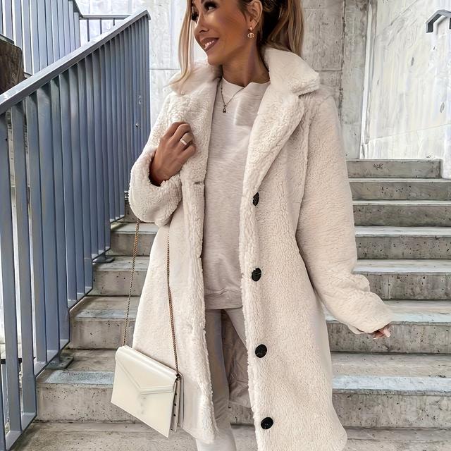TEMU Women's Plush Long Sleeve Lapel Open Front Cardigan Coat Button-up Jacket Long Outerwear