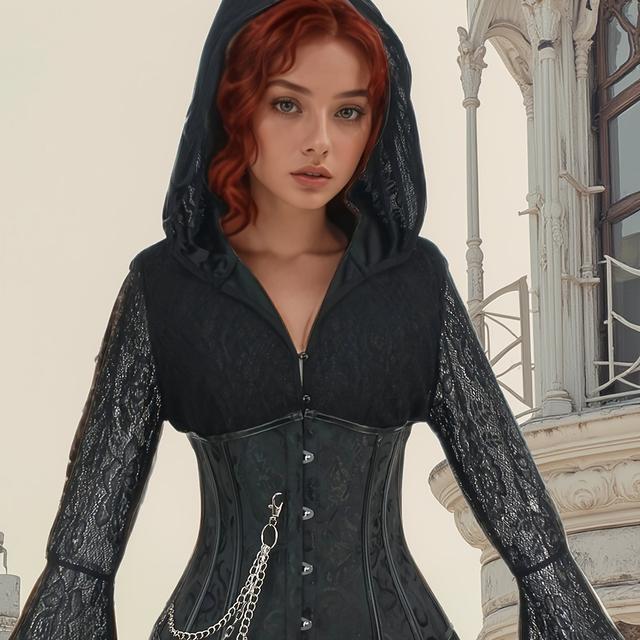 TEMU Kapuzenkleid im Dunklen Gotischen Stil und Schwarzer Jacquard-Slim-Fit-KORsett, Mittelalterliches Kostüm-Set