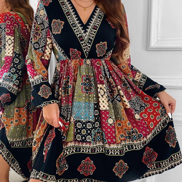 TEMU Plus Size, Dames Bohemian Maxi Jurk - Elegante V-hals Bloemenprint in Rood//Zwart, Wijd Uitlopende Zoom Niet-Rekbare Feest- en Alledaagse Outfit voor Alle Seizoenen (Machinewasbaar)
