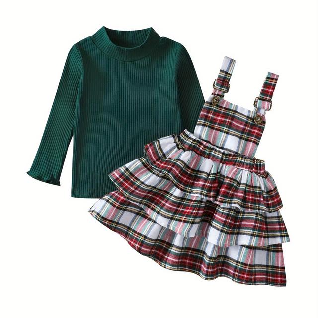TEMU Kids Tops Dress Suit, Girls Long Sleeve High Neck Loose Tops + Ruffle Suspender Dress, Green, For Outdoor