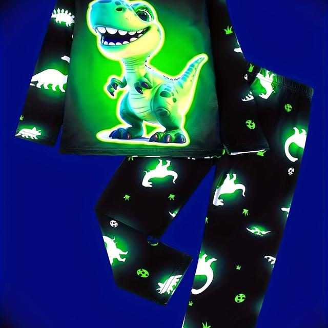 TEMU Boys' Dinosaur Flame Retardant Pajamas Set For Spring/autumn, Soft Long-sleeve And Long-pants Loungewear. Information Is On The Side Seam Of The Waistband