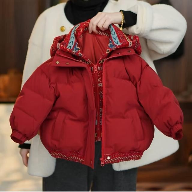 TEMU veste d'hiver à capuche pour filles, Vêtement d'extérieur d'hiver tendance, Veste rouge épaissie pour enfants, veste pièces coupe-vent à double fermeture éclair