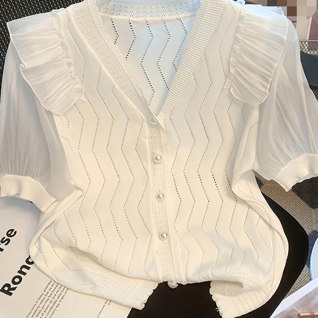 TEMU Button Front Pointelle Knit Cardigan, Chic Ruffle Trim Short Sleeve V Neck Panel Top For , Women's Clothing