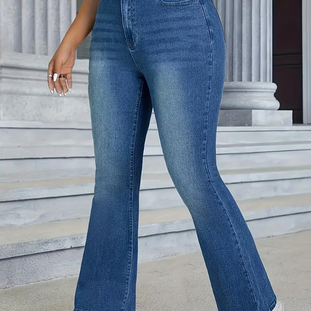 TEMU Women's Plus Size Stretch Denim Flared Pants - Elegant High-waisted, Flared Leg, Medium Stretch, Light Blue Washed Jeans For All , Comfortable & Stylish, Versatile Fashion | Flared Leg Jeans |