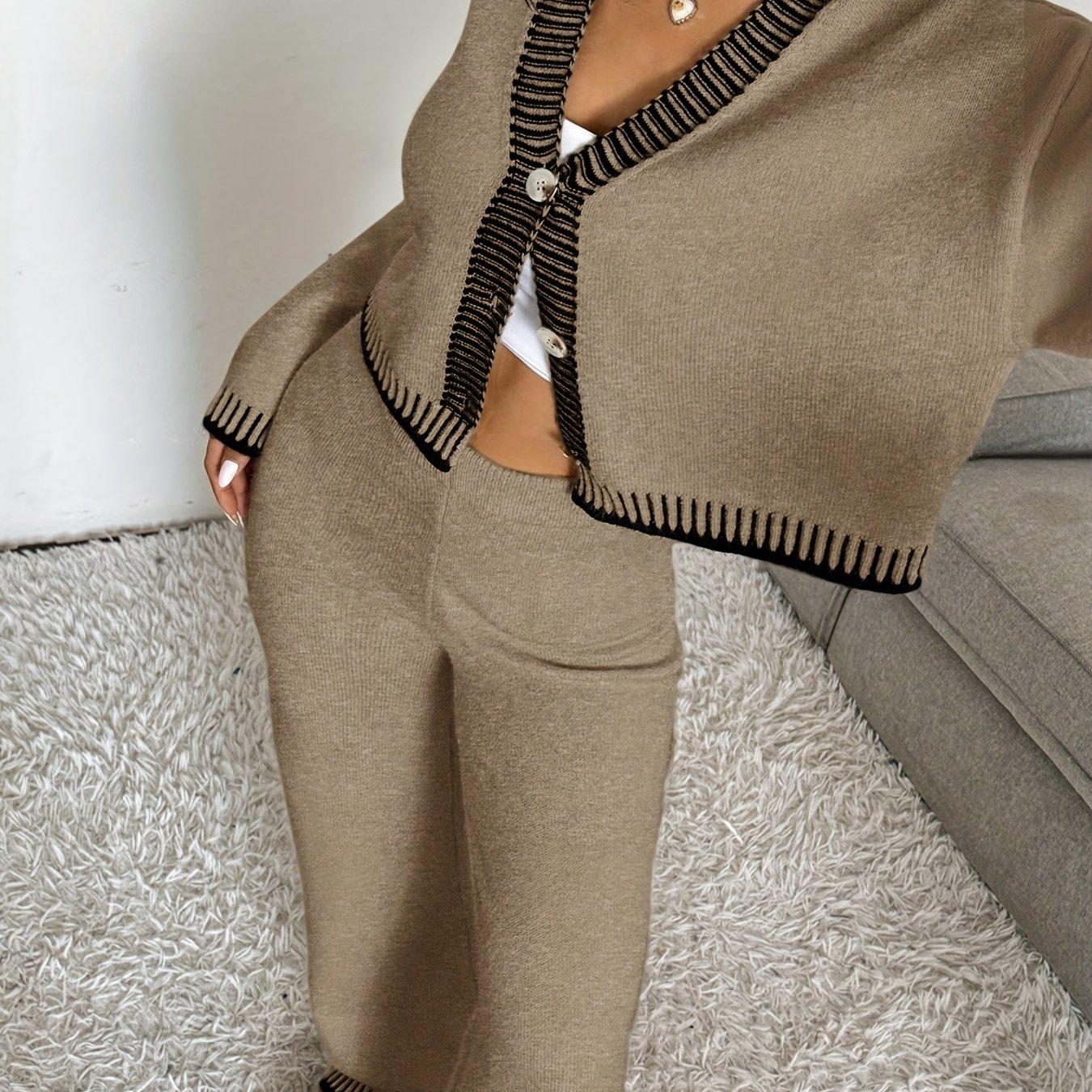 TEMU Bk0710071 V-neck Contrast Binding Loose Casual Cropped Cardigan With Elastic Waist Wide Leg Straight Casual Pants Fabric Pants Set