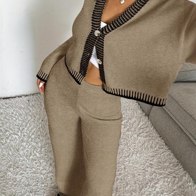 TEMU Bk0710071 V-neck Contrast Binding Loose Casual Cropped Cardigan With Elastic Waist Wide Leg Straight Casual Pants Fabric Pants Set