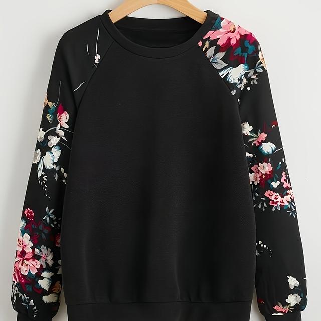 TEMU Women's Elegant Floral -block Sleeve Sweatshirt - Black With Pink & Blue , Round Neck, Medium Stretch, Machine Washable, Casual Wear, Everyday ,