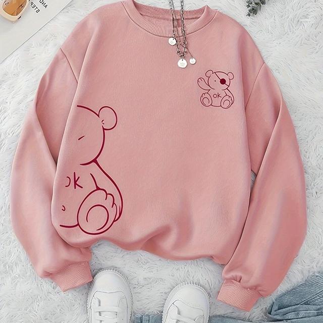 TEMU Women's Thermal Lined Letter Graphic Sweatshirt - Soft Pink Oversized Casual Pullover With Cartoon Bear & Ok Ok Design, Round Neck, Machine Washable For Autumn/winter, Comfy Sweatshirt