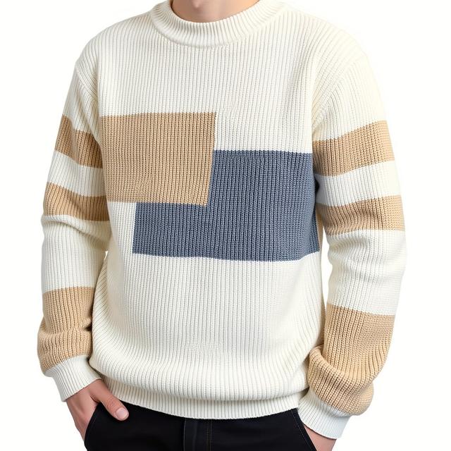 TEMU Pull Géométrique à de Couleur pour Homme - Coupe et Extensible avec Col Rond, Manches Longues en , Design Contrastant Beige & pour Tenue Décontractée Automne-Hiver, Haut au