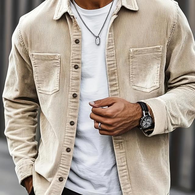 TEMU Men's Bohemian Corduroy Shirt Jacket - Solid Color Relaxed Fit Long Sleeve With Chest Pockets, Classic Collar & Versatile Style For Casual & Formal Wear, Durable Fabric